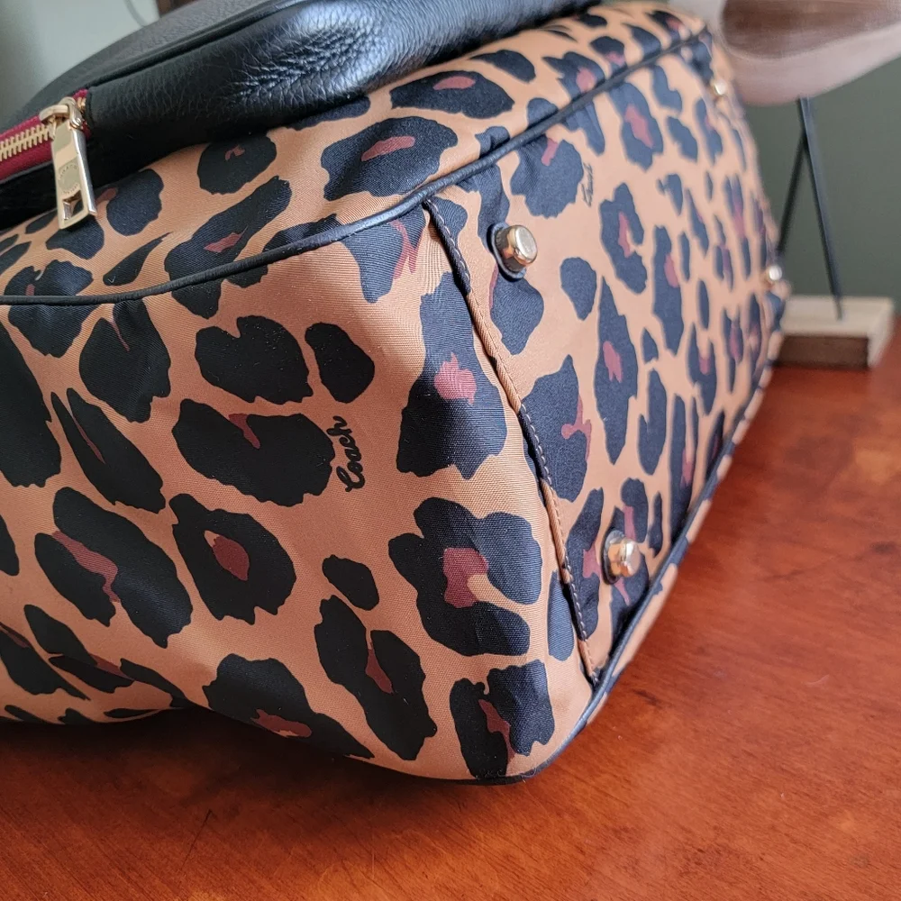 Coach C5668 Court Leopard Print Nylon Tote Pebbled Leather Black Tan Bag